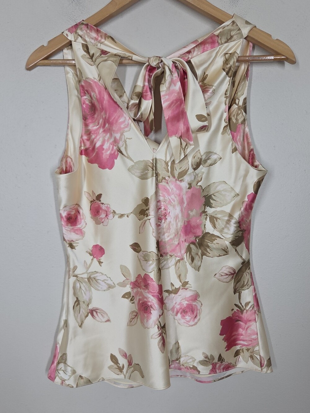 Vtg Y2K Banana Republic Silk Cream Floral Cowl Neck Tie Back Babydoll Tank Fairy - Picture 5 of 10